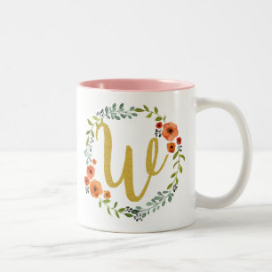 Caneca De Café Em Dois Tons Coroa de Flores Botânicas Inicial Monograma Dourad