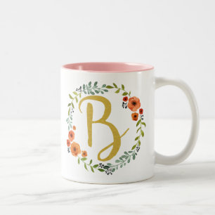 Caneca De Café Em Dois Tons Coroa de Flores Dourada Monograma Inicial B