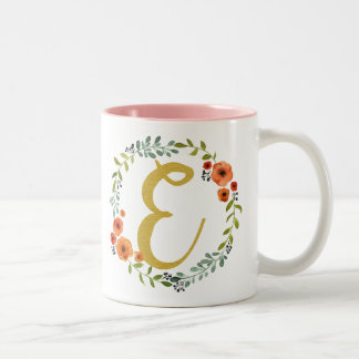 Caneca De Café Em Dois Tons Coroa de Flores Monograma Dourado Inicial E