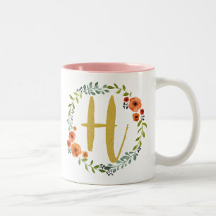 Caneca De Café Em Dois Tons Coroa de Flores Monograma Dourado Inicial H