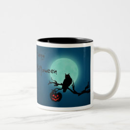 Caneca De Café Em Dois Tons Coruja da abóbora da noite do Dia das Bruxas