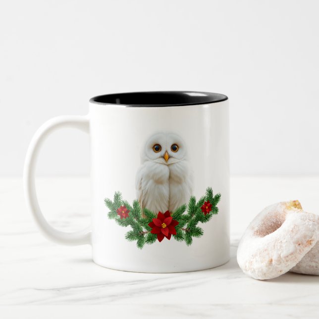 Caneca De Café Em Dois Tons Coruja de Natal com Neve Branca (Com Donut)