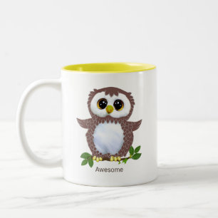 Caneca De Café Em Dois Tons Coruja Marrom Fofa, Folhas de Louro e Caligrafia