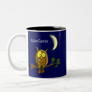 Caneca De Café Em Dois Tons Coruja triste com lágrimas e lua sem seu desenho 