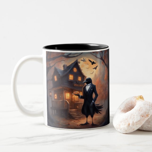 Caneca De Café Em Dois Tons Corvo distribui doces de Halloween (Com Donut)
