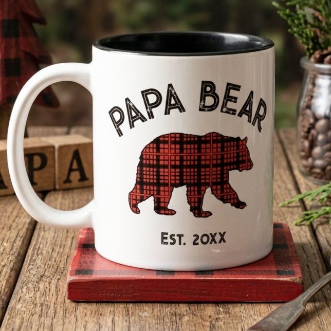 Caneca De Café Em Dois Tons Country Plaid Papa Bear Father Year Established (Criador carregado)