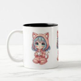Caneca De Café Em Dois Tons Cozy Kawaii Anime Girl with Cat Hoodie – Hot Drink