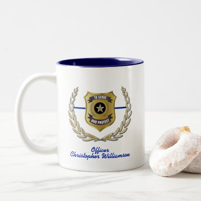 Caneca De Café Em Dois Tons Crachá do policial personalizado (Com Donut)