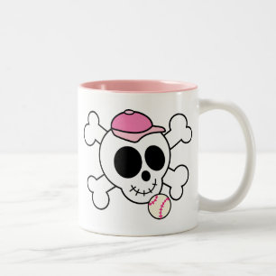Caneca De Café Em Dois Tons Crânio cor-de-rosa bonito e Crossbones do basebol