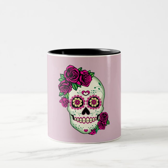 Caneca De Café Em Dois Tons Crânio de Açúcar com Rosas (Centro)