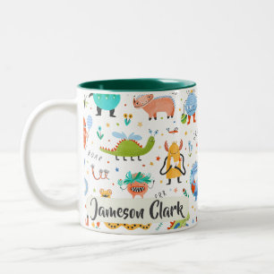 Caneca De Café Em Dois Tons Crianças de Alienígena de Dinossauro Coloridas, Cu