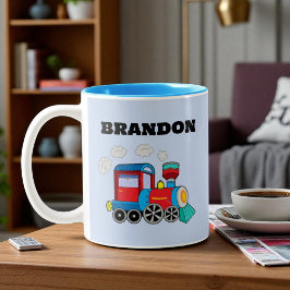 Caneca De Café Em Dois Tons Crianças Treinam Meninos Nome Personalizado Azul