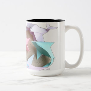Caneca De Café Em Dois Tons Criaturas do Mar de Origami com ondas de Pastel