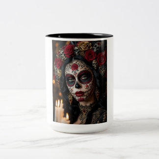 Caneca De Café Em Dois Tons Crimson Rose Calavera – Dia de Finados Elegante