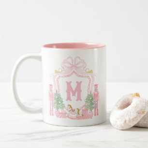 Caneca De Café Em Dois Tons Crista de Monograma de Noz Quebradora Rosa em Aqua