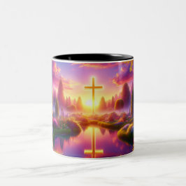 Caneca De Café Em Dois Tons Cruz ouro em um Jardim Tropical Celestial