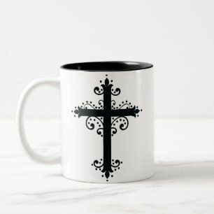 Caneca De Café Em Dois Tons Cruz Religiosa com um ornamento
