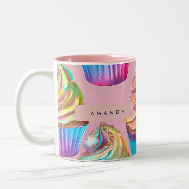 Caneca De Café Em Dois Tons Cupcake Personalizado de Arco-Íris Pastel com Bril (Esquerda)