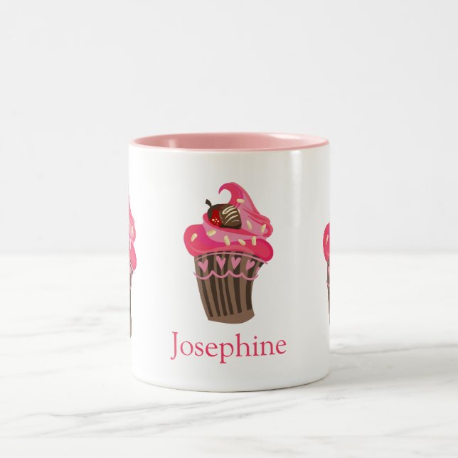 Caneca De Café Em Dois Tons Cupcake Rosa Sensível Personalizado (Centro)