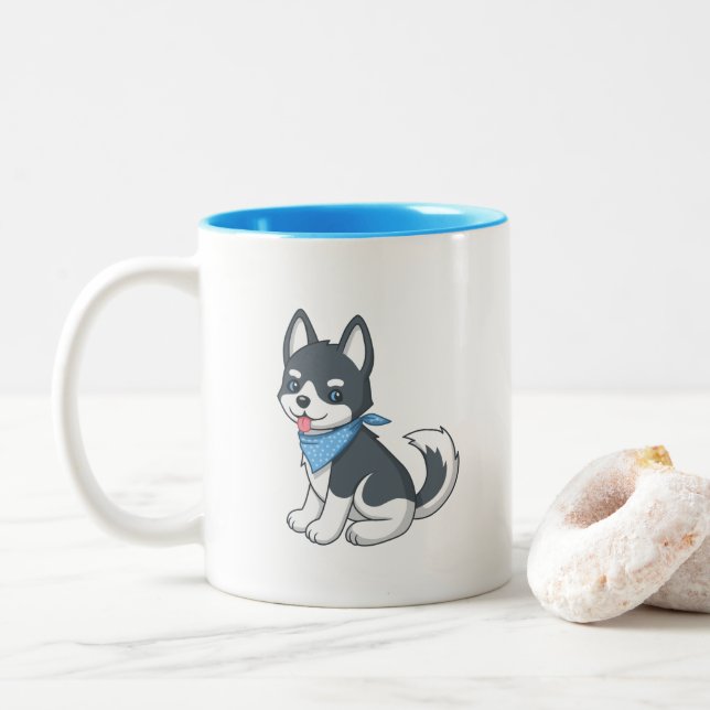 Caneca De Café Em Dois Tons Cute Cartoon Husky Puppy Dog (Com Donut)