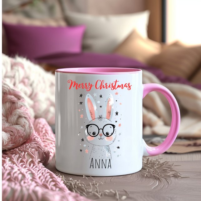 Caneca De Café Em Dois Tons Cute Christmas Bunny in Santa Hat Coffee (Criador carregado)