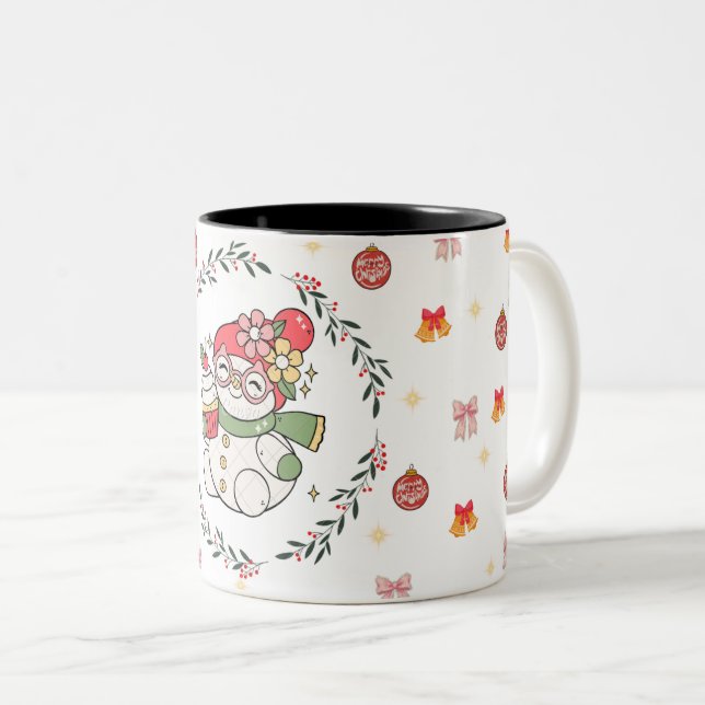 Caneca De Café Em Dois Tons Cute Christmas Snowman Mug with Wreath  (Frente Esquerda)