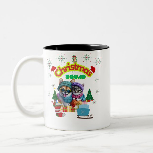 Caneca De Café Em Dois Tons Cute dog and cat Christmas squad design  (Esquerda)
