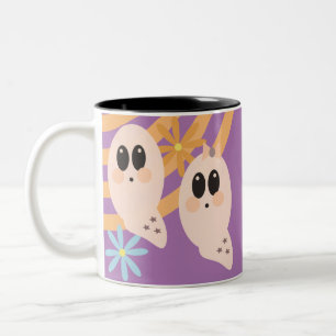 Caneca De Café Em Dois Tons Cute Ghost Ghoul Retro Halloween Groovy Floral