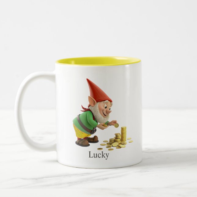 Caneca De Café Em Dois Tons Cute Gnome with Gold Coins, Calligraphy & Monogram (Esquerda)