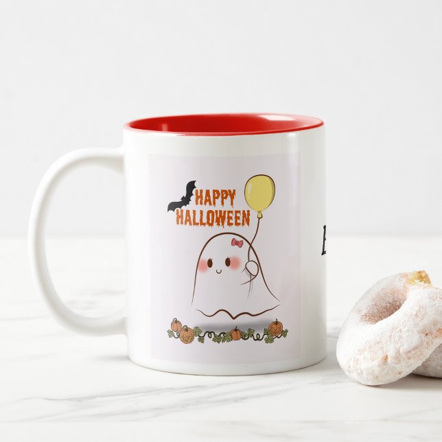 Caneca De Café Em Dois Tons Cute Halloween Ghost Holding Balão (Criador carregado)