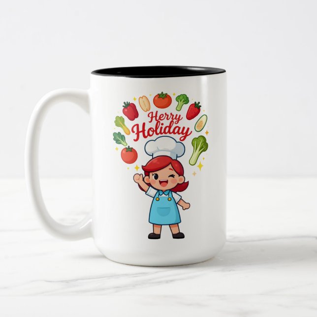 Caneca De Café Em Dois Tons Cute Holiday Chef Mug with Festive Veggies (Esquerda)