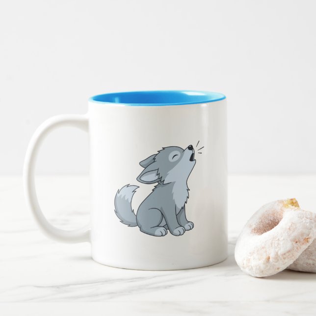 Caneca De Café Em Dois Tons Cute Howling Wolf Pup (Com Donut)