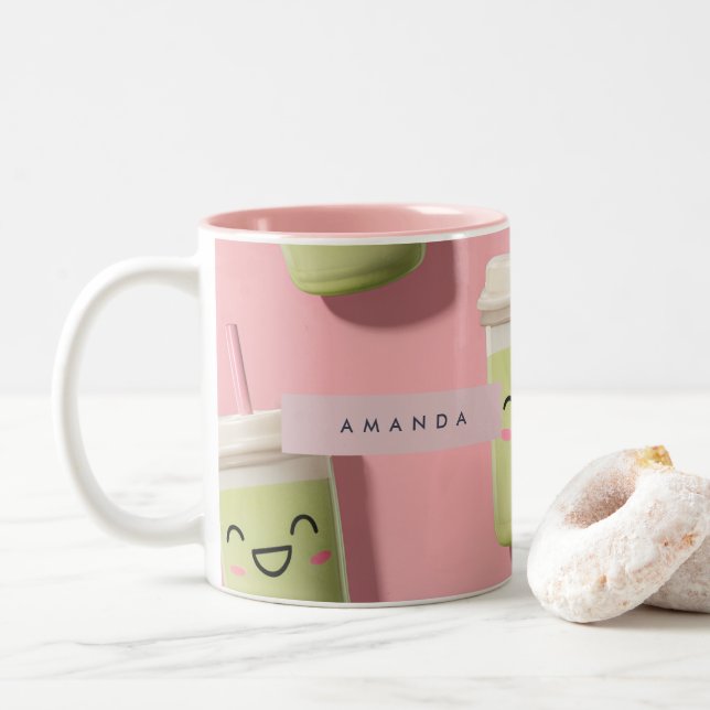 Caneca De Café Em Dois Tons Cute Kawaii Pastel Smoothie Matcha Personalizado (Com Donut)