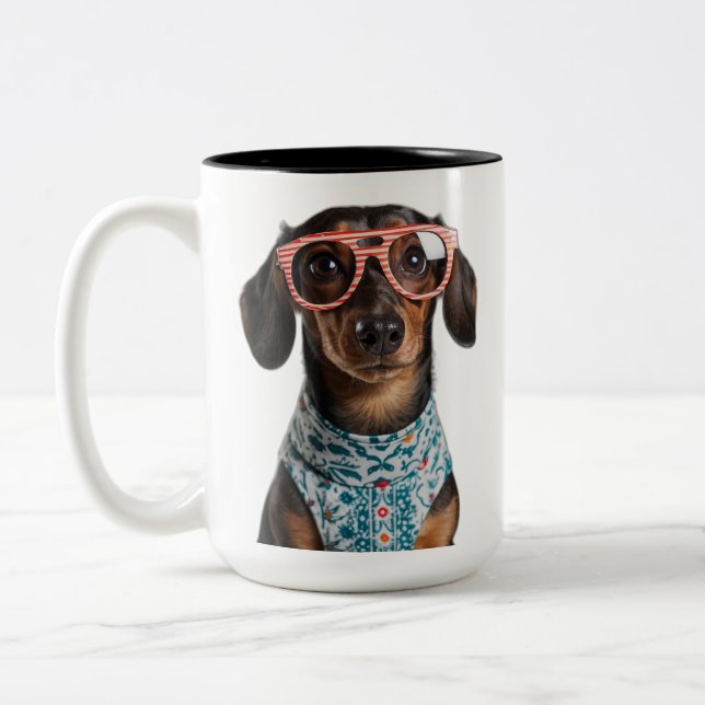 Caneca De Café Em Dois Tons Cute Little Dachshund With Red Glasses (Esquerda)