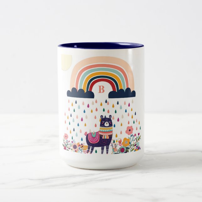 Caneca De Café Em Dois Tons Cute Llama Rainbow Monograma Inicial (Centro)