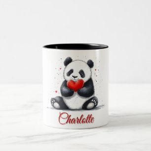 Caneca De Café Em Dois Tons Cute Panda Segurando Coração com Nome Personalizáv
