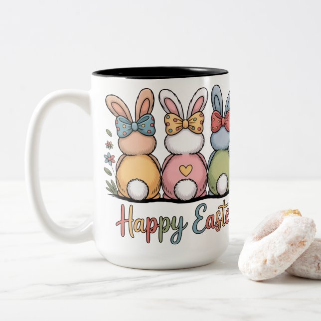 Caneca De Café Em Dois Tons Cute Pastel Easter Bunnies | Whimsical Floral Happ (Com Donut)