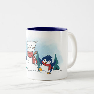 Caneca De Café Em Dois Tons Cute Penguins building a Christmas Snowcat