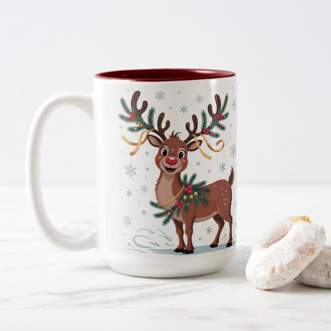 Caneca De Café Em Dois Tons Cute Rudolph with Gold Accents (Com Donut)