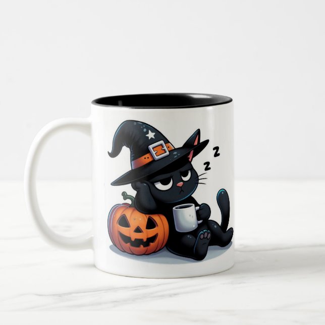 Caneca De Café Em Dois Tons Cute Sleepy Witch Cat & Pumpkin Halloween  (Esquerda)