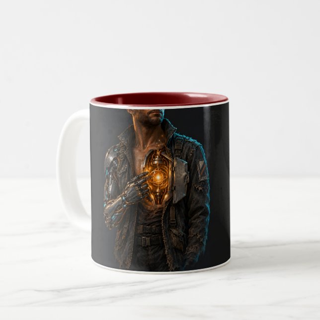 Caneca De Café Em Dois Tons cyberpunk, ciborgue, samurai, neon, synthwave, gue (Frente Esquerda)