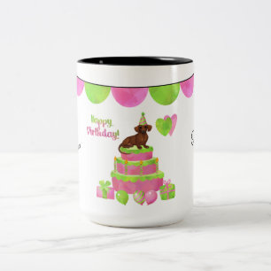 Caneca De Café Em Dois Tons Dachshund Birthday Mug rosa e verde