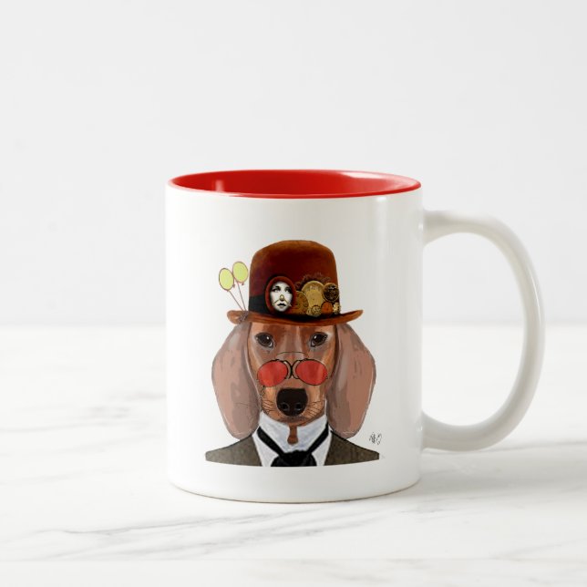 Caneca De Café Em Dois Tons Dachshund com Steampunk Bowler Hat (Direita)
