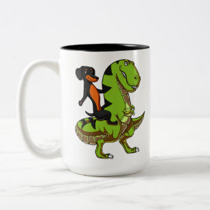Caneca De Café Em Dois Tons Dachshund do cão do Wiener que monta o dinossauro