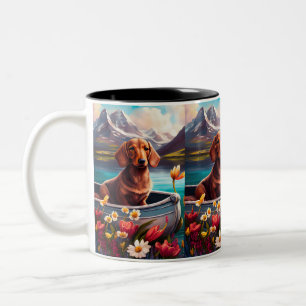 Caneca De Café Em Dois Tons Dachshund em uma Pá: Uma Aventura Cênica