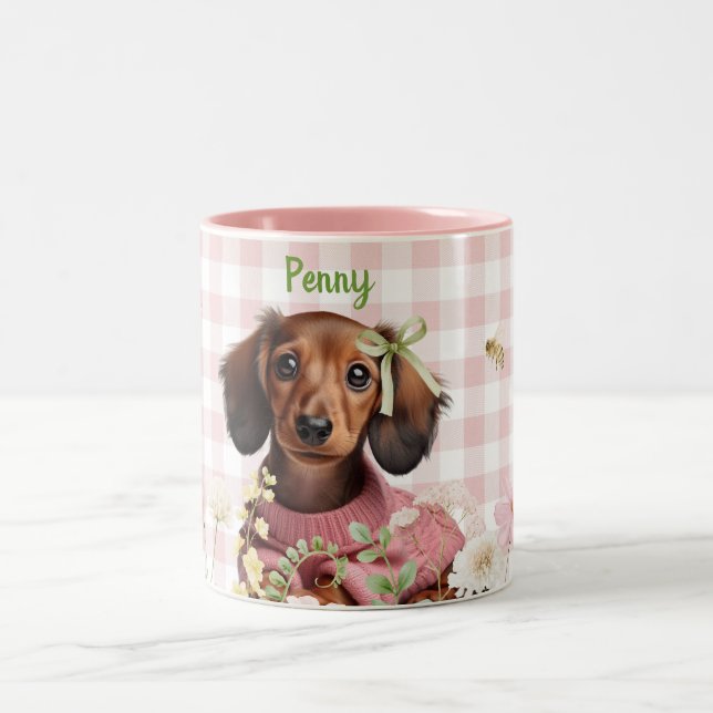 Caneca De Café Em Dois Tons Dachshund Personalizado Rosa e Verde  (Centro)