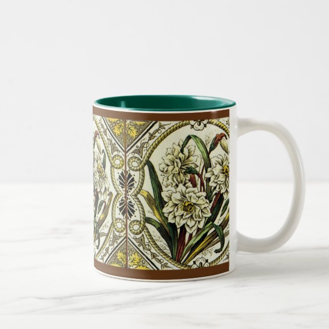 Caneca De Café Em Dois Tons Daffodil Antiquado Floral Azulejo Café Mug (Direita)