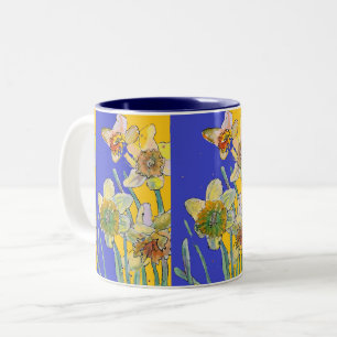 Caneca De Café Em Dois Tons Daffodil Painting Watercolor Amarelo Azul floral