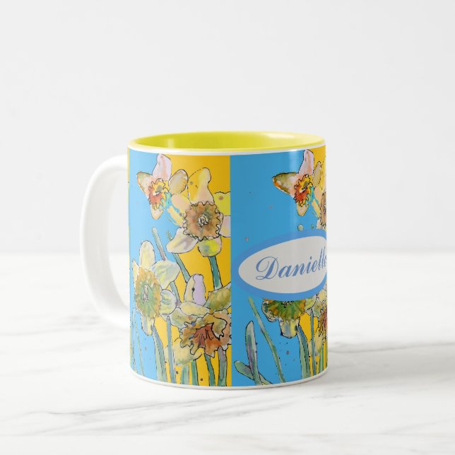 Caneca De Café Em Dois Tons Daffodil Pintura Mão Amarelo Pintada (Frente Esquerda)