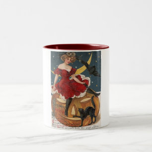Caneca De Café Em Dois Tons Dama da Vintagem do Dia das Bruxas em Vermelho no 
